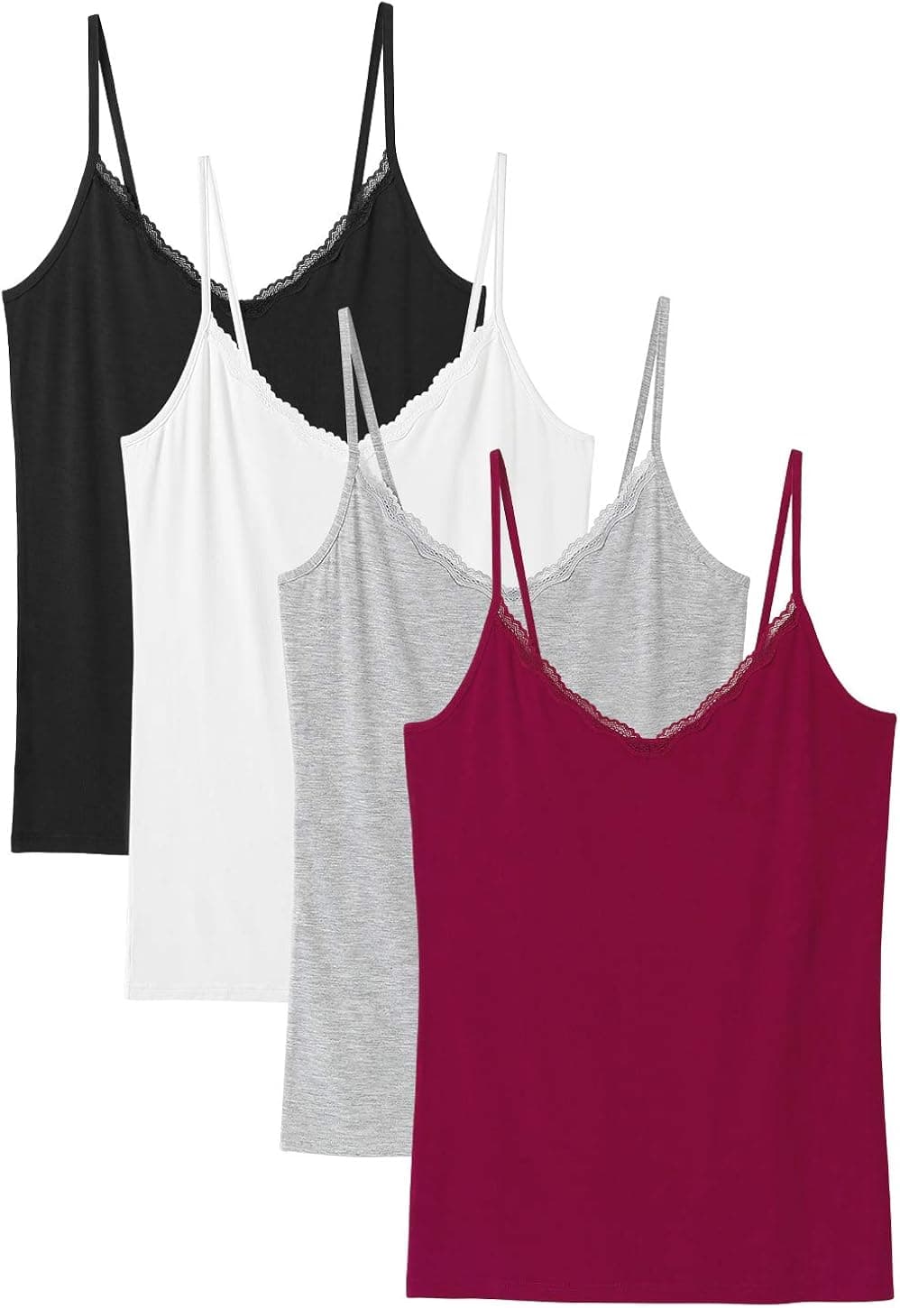 Rosyline V Neck Camisoles for Women Adjustable Lace Cami Undershirt Spaghetti Strap Lace Tank Top 4-Pack Black/White/Grey/Wine Red L