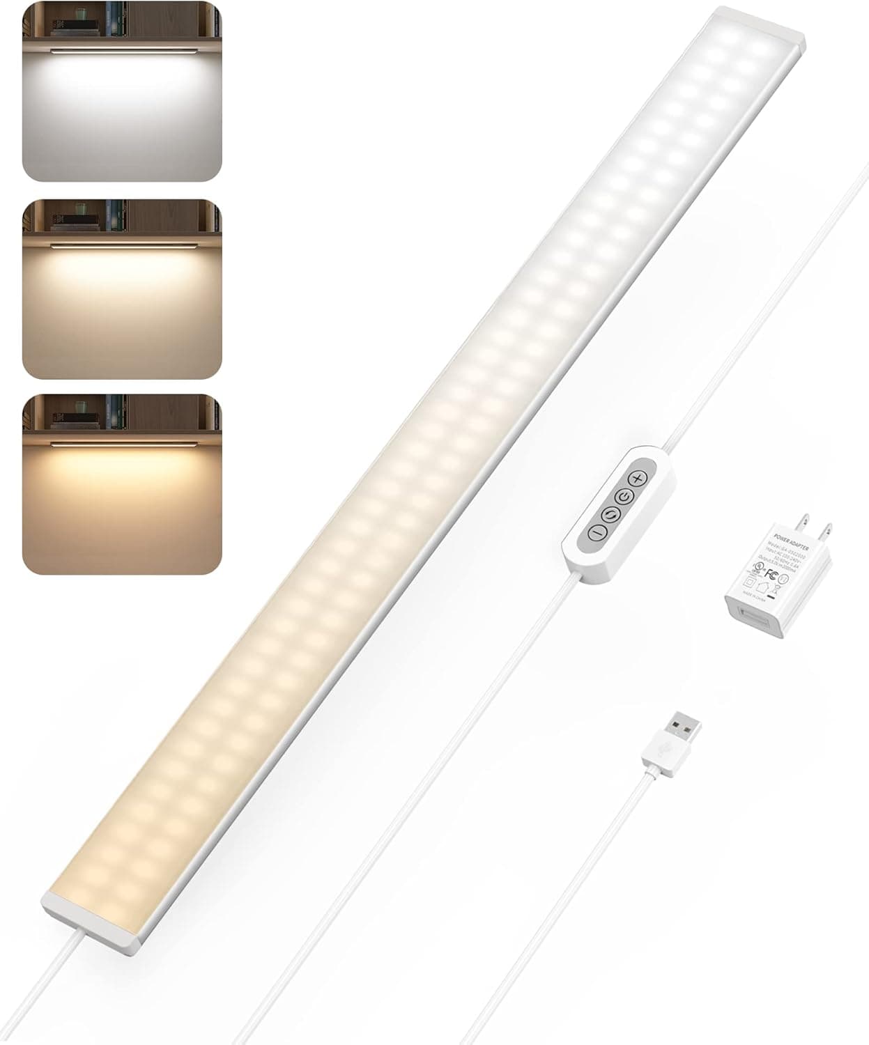 ASOKO Dimmable Desk Light Strip Bar, 3 Temps Under Cabinet Lighting with Memory Function, 24inch Plug in USB Led Undercounter Light for Kitchen/Shelf/Workbench/Desk (3000K/4000K/6000K)