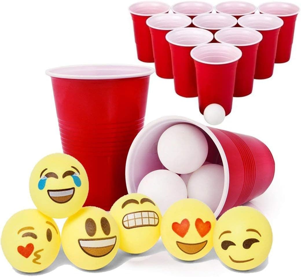 Totem World Beer Pong Game Set - 12 Red Cups + 24 White Ping-Pongs + 6 Emoji Balls
