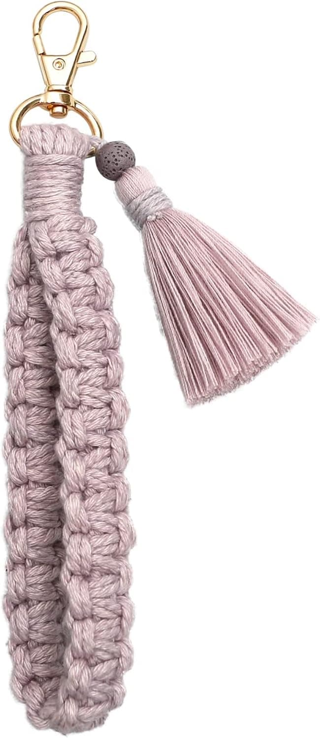 Mlouye Boho Macrame Wristlet Keychain, Handmade Wrist Lanyard for Keys Cotton Weave Strap Holder Bracelet for Women