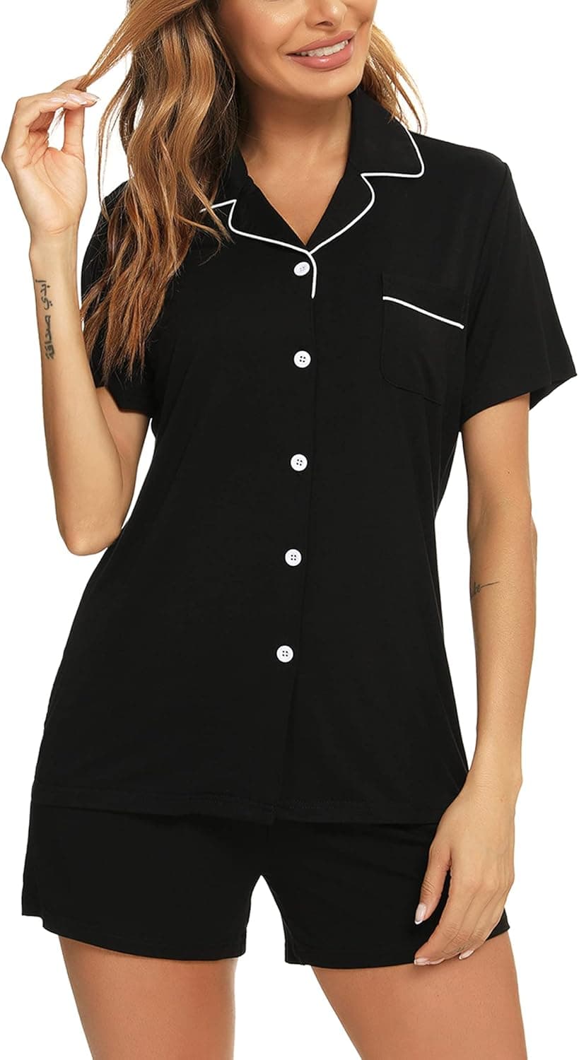 Roojaa Womens Pajama Set Short Sleeve Button Down Pjs Soft 2 Piece Classic Sleepwear