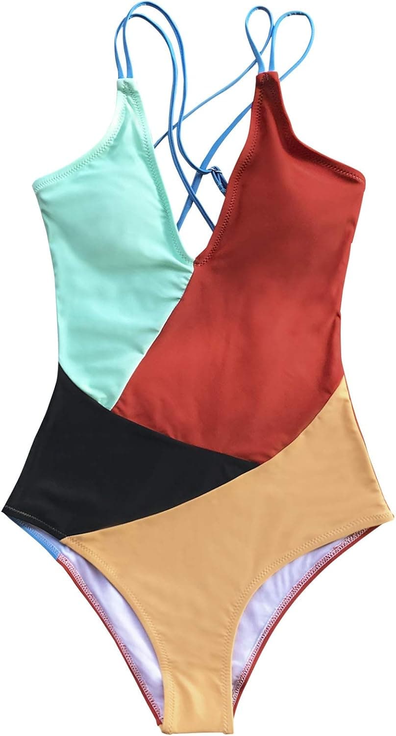 CUPSHE Women's Colorblocked Strappy V Neck One Piece Swimsuit