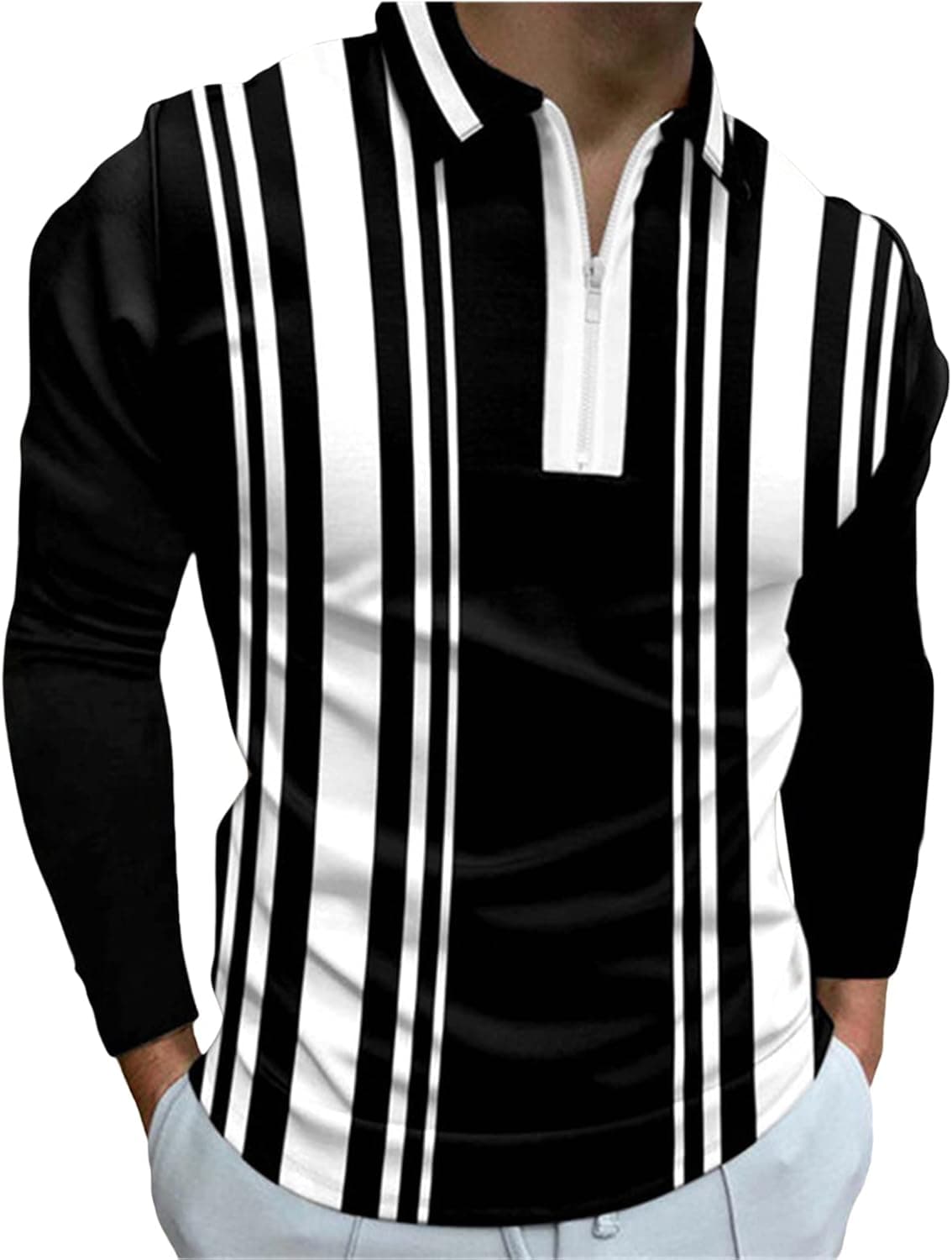 Men's Polo Shirt Long Sleeve Zip Up Striped Graphic Printed Tops Slim Fit Golf Athletic Shirts