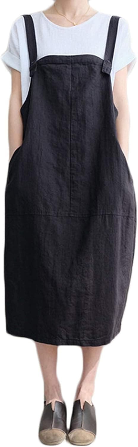 FLORHO Women Casual Spaghetti Strap Overalls Loose Jumper Dress With Side Pocket Black 3XL