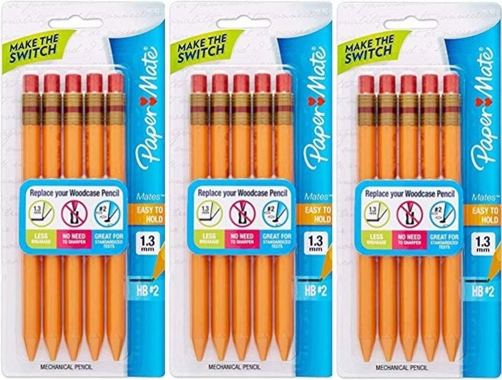 Paper Mate Mates Mechanical Pencils, Yellow Barrel; 1.3mm HB 2 Lead; Smudge Resistant Eraser; Triangular Barrel Design; 3 Blister Packs with 5 Each for a Total of 15 Mechanical Pens (1862167)