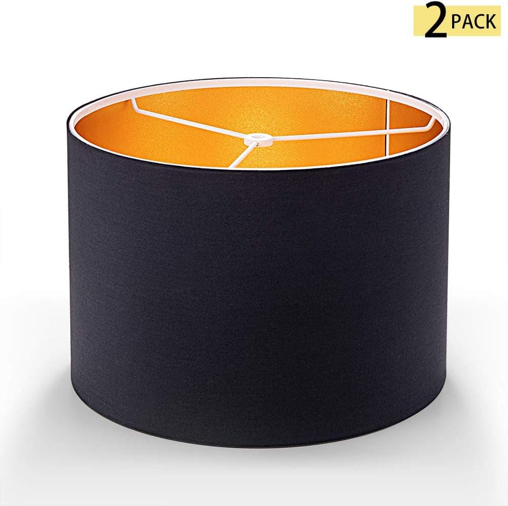 Wellmet Assemble Need Lamp Shades,Set of 2 Drum Lampshades for Table Lamp Bedside Lamp,Spider Fitter (Black Gold, 13x13x9 Inch)