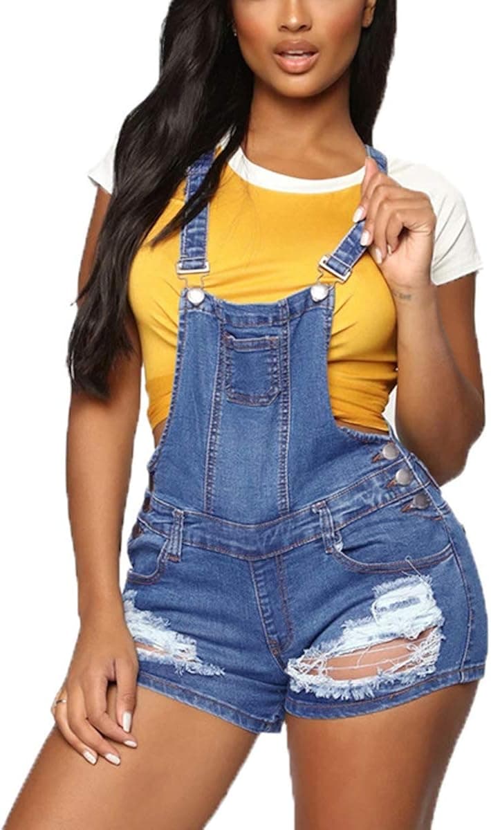 Weigou Women Denim Shorts Rolled Cuffs Adjustable Strap Front Button Ripped Junior Bib Jeans Overall Shorts (Blue(1), L)