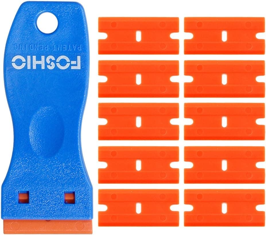 FOSHIO 1.5 Inch Plastic Razors Adhesive Sticker Remover Scraper with 10pcs Safety Plastic Razor Scraper Blades for Removing Labels, Films, Stickers and Decals