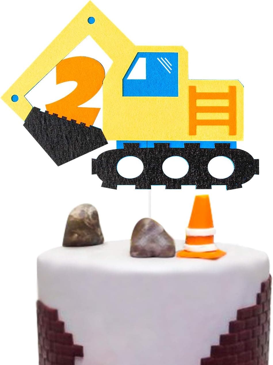 BeYumi Construction Truck 2nd Birthday Cake Topper Decoration, Excavator Digger Two Felt Cake Topper Decorations, Construction Themed Photo Booth Props Birthday Party Supplies for Two Years Old Kids