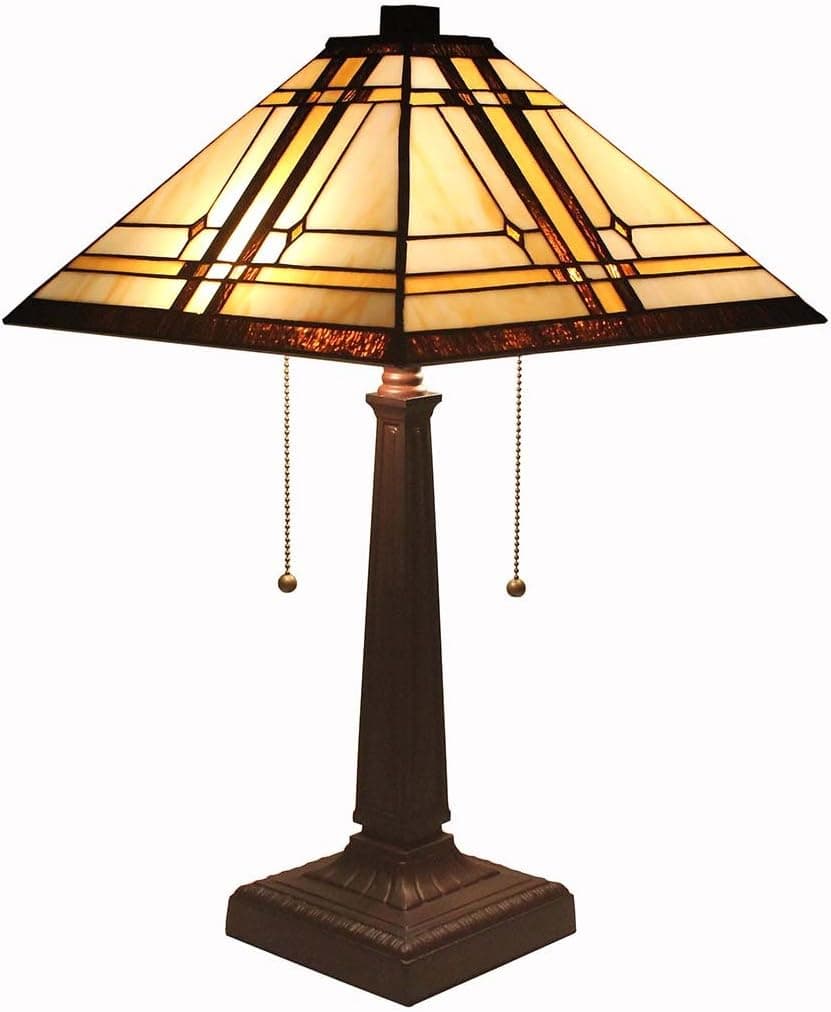 Bieye L11411 Mission Tiffany Style Stained Glass Table Lamp Night Light with 14 inch Wide Handmade Lampshade Metal Base for Bedside Bedroom Living Room, 22 inch Tall