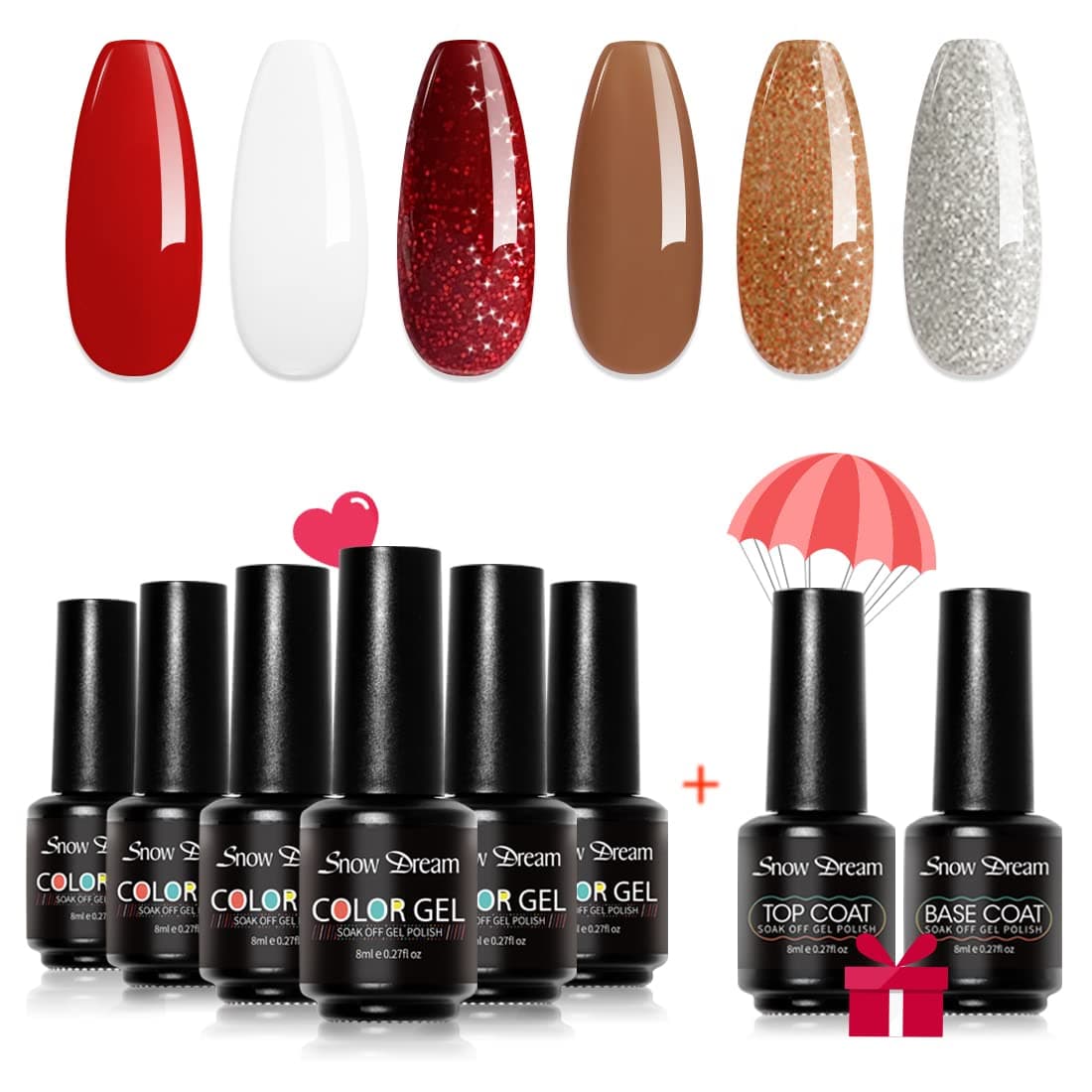 SnowDream Gel Nail Polish Set, 6 Colors Red White Glitter Silver Gel Polish Kit with Top Coat and Base Coat Suitable for All Season.