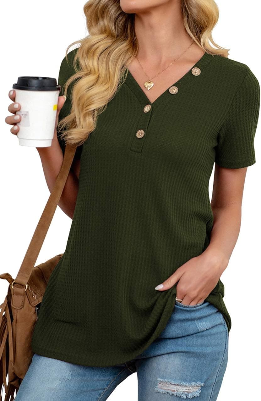 ANIXAY Womens Tunic Tops Casual Waffle Knit Blouses Button Up Loose Long/Short Sleeve Shirts V Neck