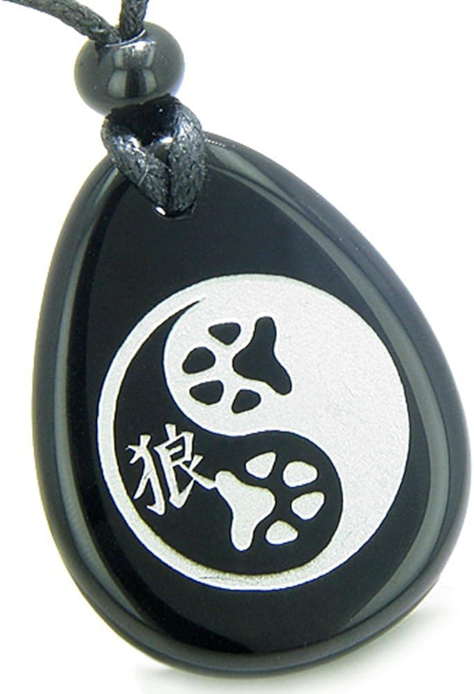 BestAmulets Amulet Wolf Paw Yin Yang Magic Kanji Spiritual Balance Power Black Agate Pendant Necklace