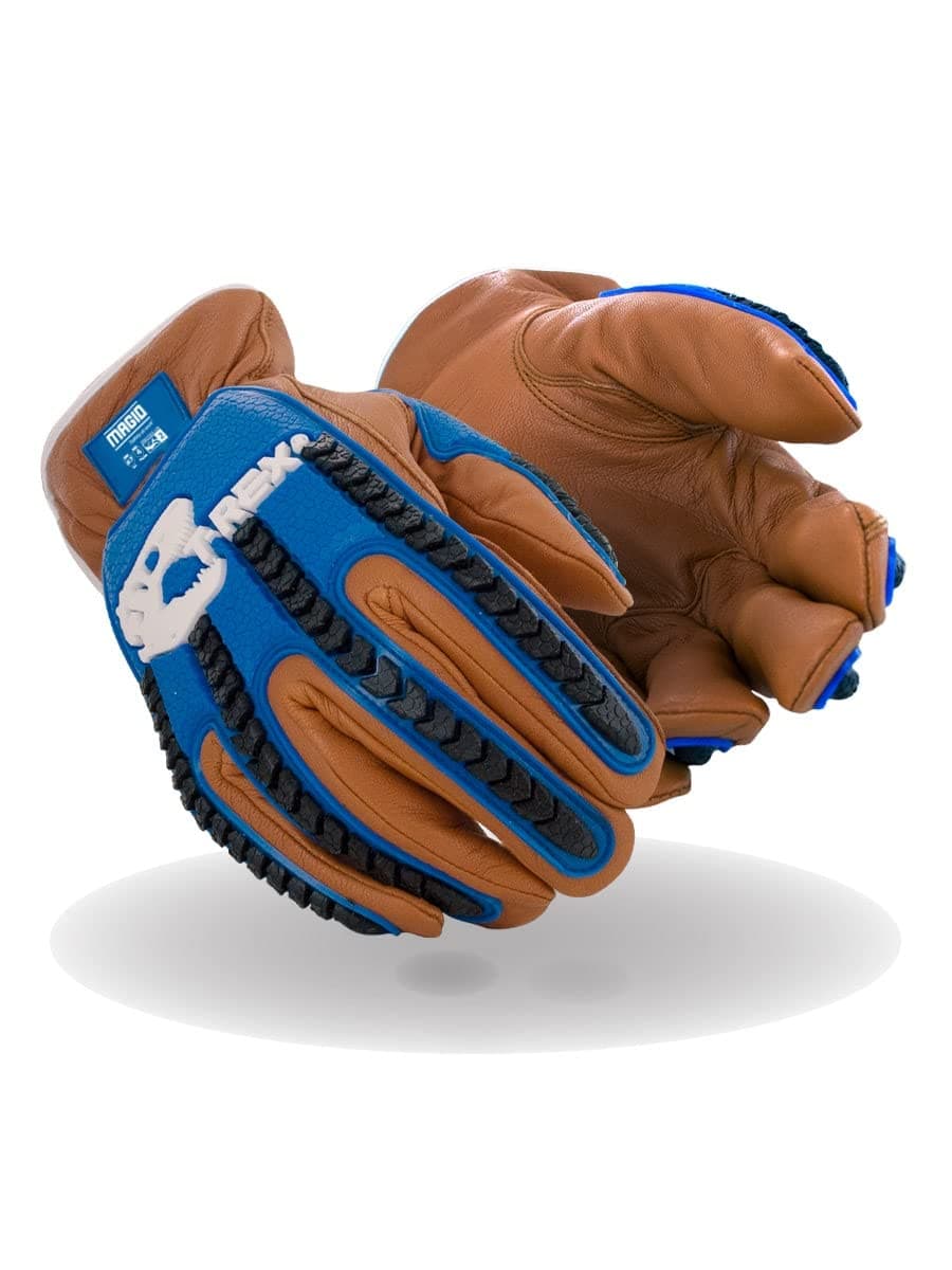 MAGID T-REX TRX843WS Winter Thermal Impact Goatskin Leather Driver Work Glove | Cut Level A7, Puncture 4, 100G Thinsulate, Kevlar Lining, TPR Back, Blue/Brown, Size 7/S