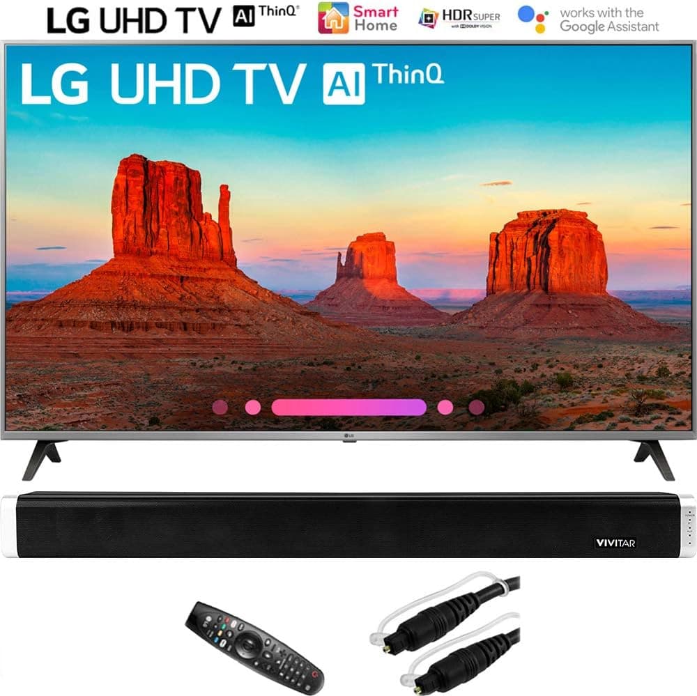 LG 55UK7700PUD 55 inch Class 4K HDR Smart LED AI UHD TV with ThinQ Bundle with Vivitar 24-Inch Wall Mountable Wireless Bluetooth Soundbar and 6ft Optical Toslink 5.0mm OD Audio Cable