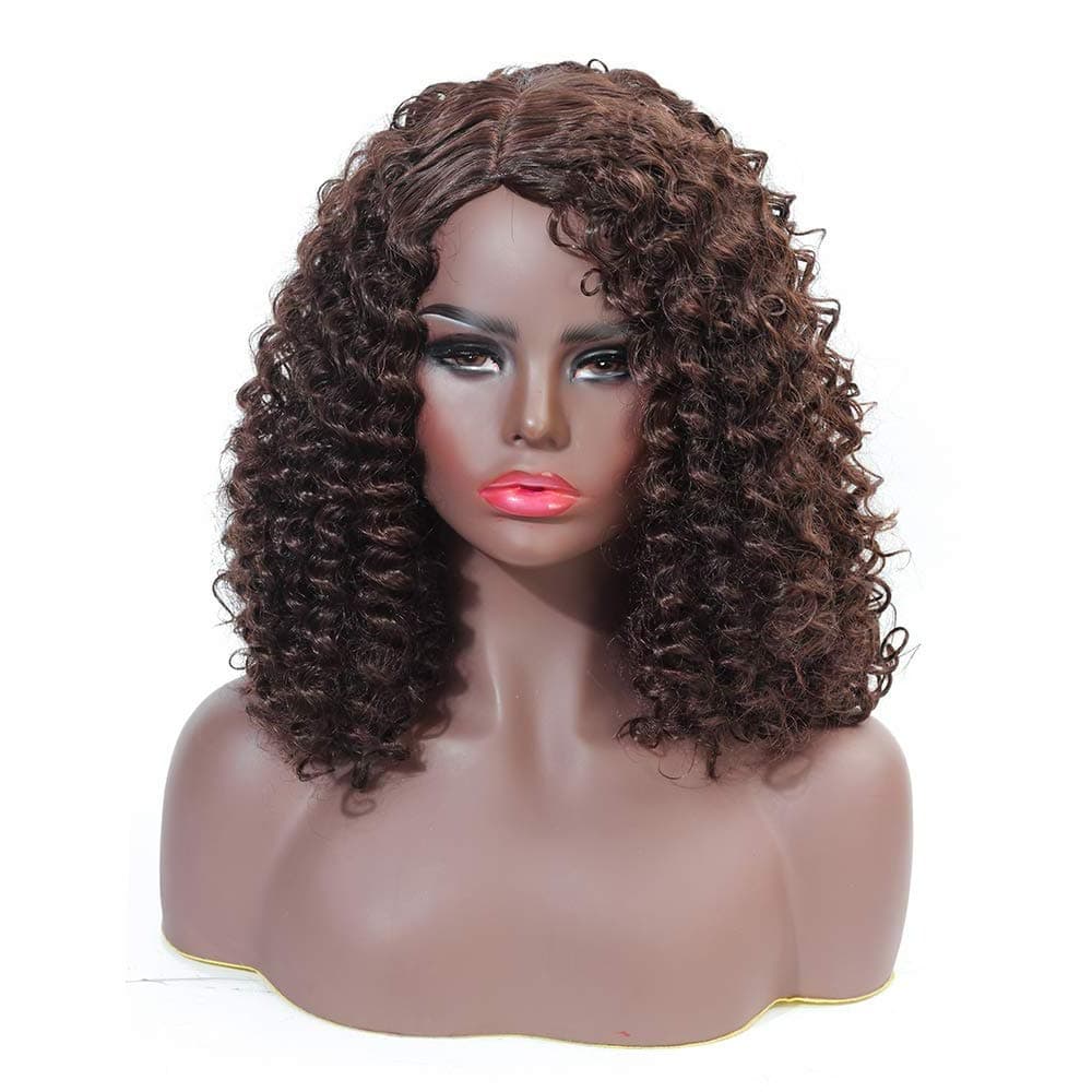 Zhen Show Short Side Points Curly Kinky Wigs for Black Women Fluffy Wavy Black Synthetic Hair Wig Natural Looking Wigs Heat Resistant Wigs (14, Dark brown)