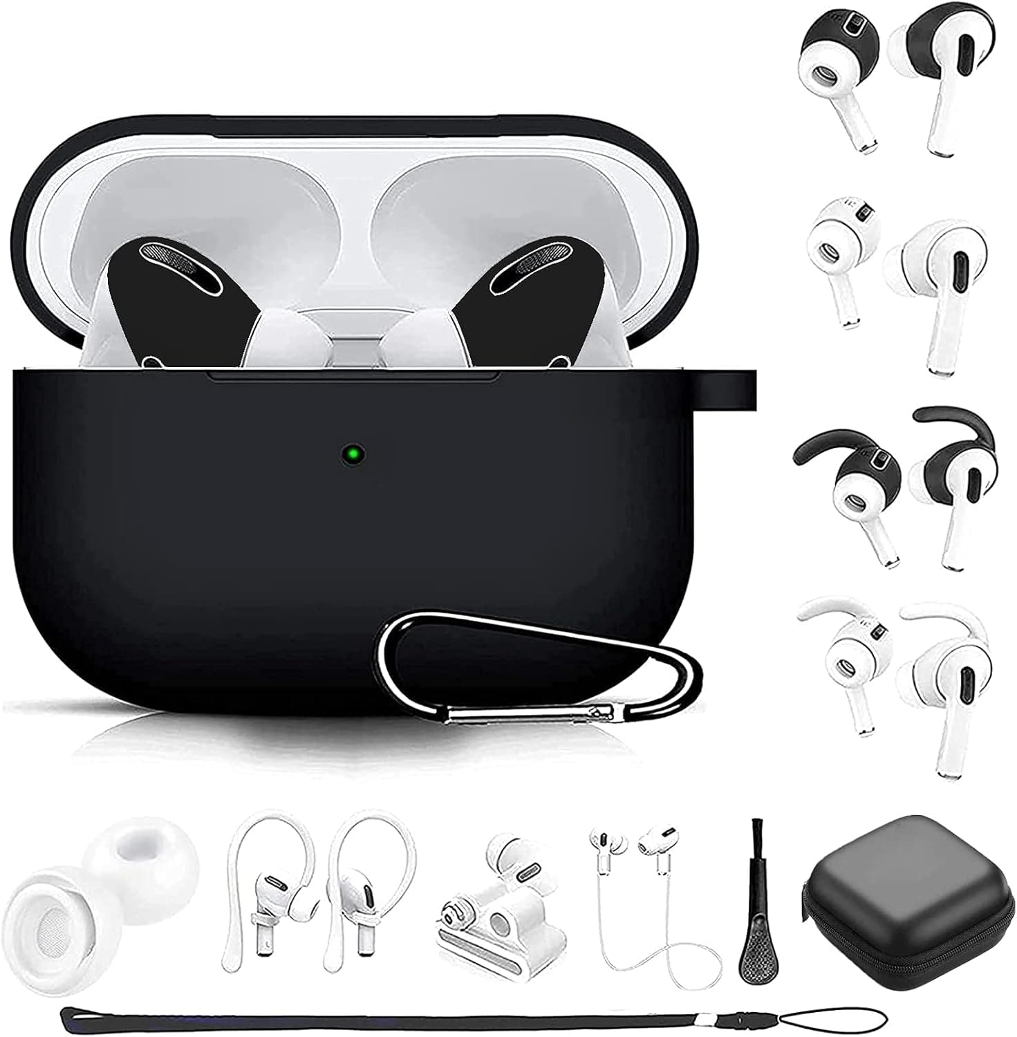 14 in 1 Accessories for Airpods Pro，Ear Cover (Fit in case),Eartips,Earhooks,Anti Lost Strap,Silicone Case,Phone Lanyard,Keychain,Brush for AIrpods 3 Silione Kit
