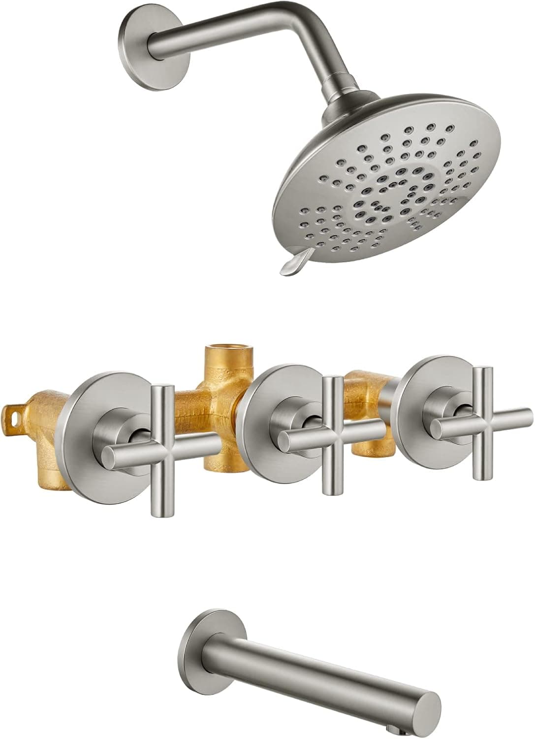 Cinwiny 3 Handles Tub and Shower Faucet Set Brushed Nickel Wall Mounted Bathtub Faucet Set with Tub Spout 5 Modes 6" Round Shower Head Bathroom Shower Trim Kit with Brass Valve