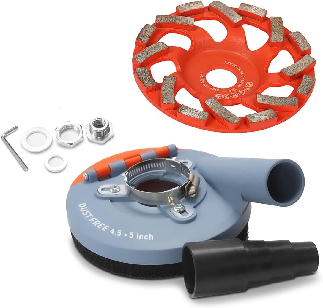 Wohenhao Dust Shroud for Angle Grinder 4.5-5 inch + Diamond Grinding Cup Wheel 5 inch, Universal Surface Grinding Shroud with Grinding Wheel for Concrete Surface, Cement, Marble, Rock, Granite