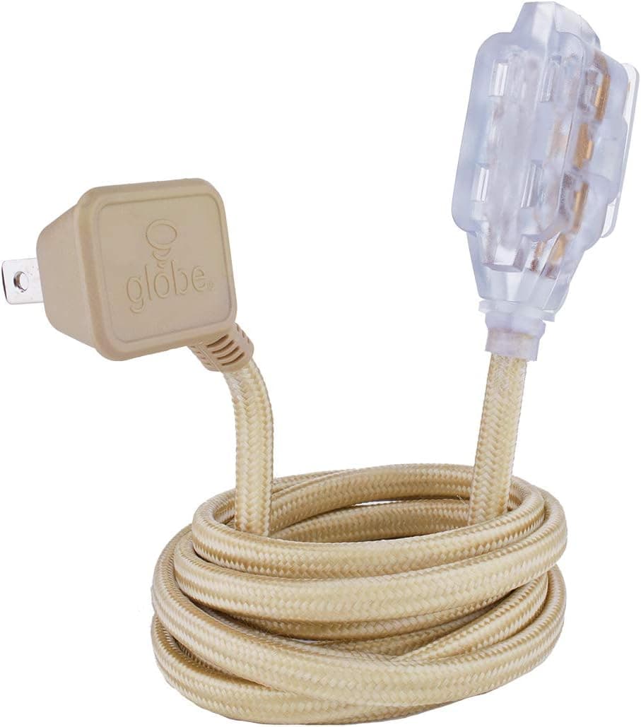 Globe Electric 22816 Designer Series 9ft Fabric Extension Cord, 3 Polarized Outlets, Right Angle Plug, 125 Volts, Gold