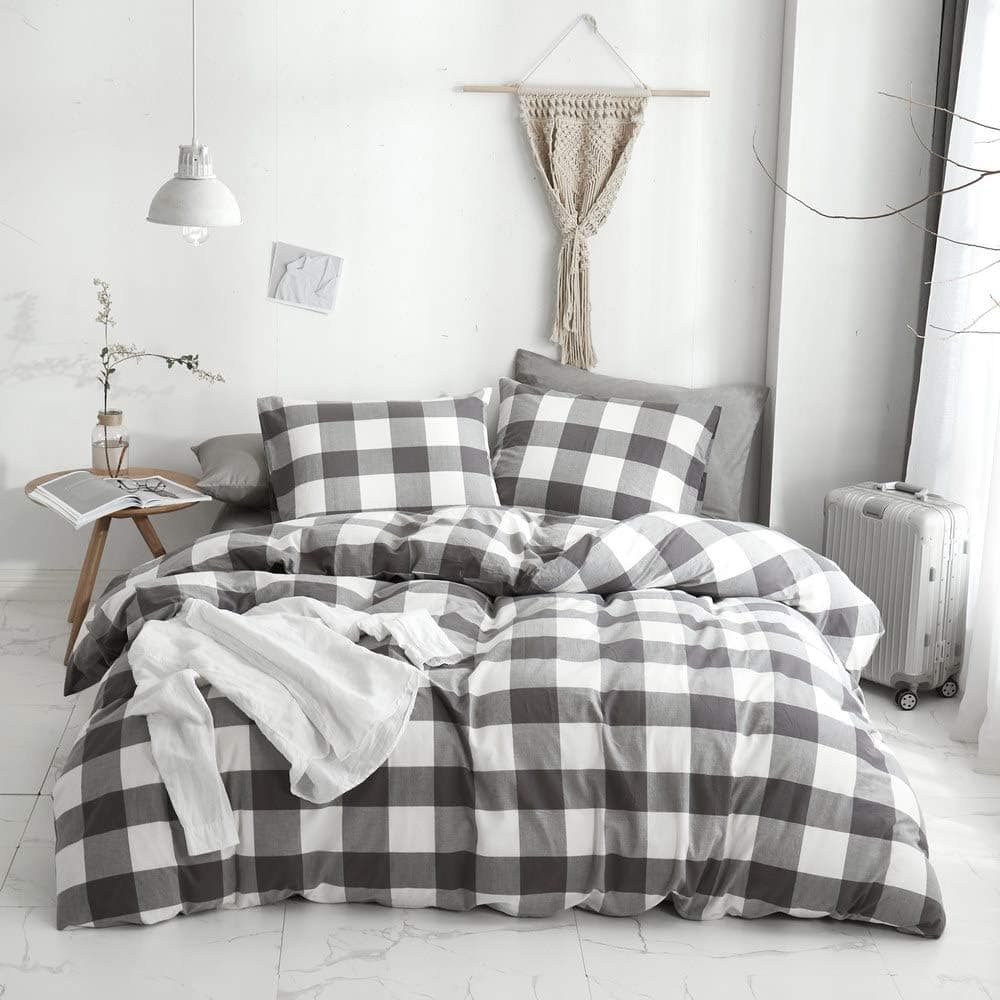 HYPREST Washed Cotton 3 Piece Duvet Cover Queen - Gray Buffalo Plaid Duvet Cover- Ultra Soft Breathable Durable and Easy Care,Modern Style Bedding Set (Gray Plaid, Queen)