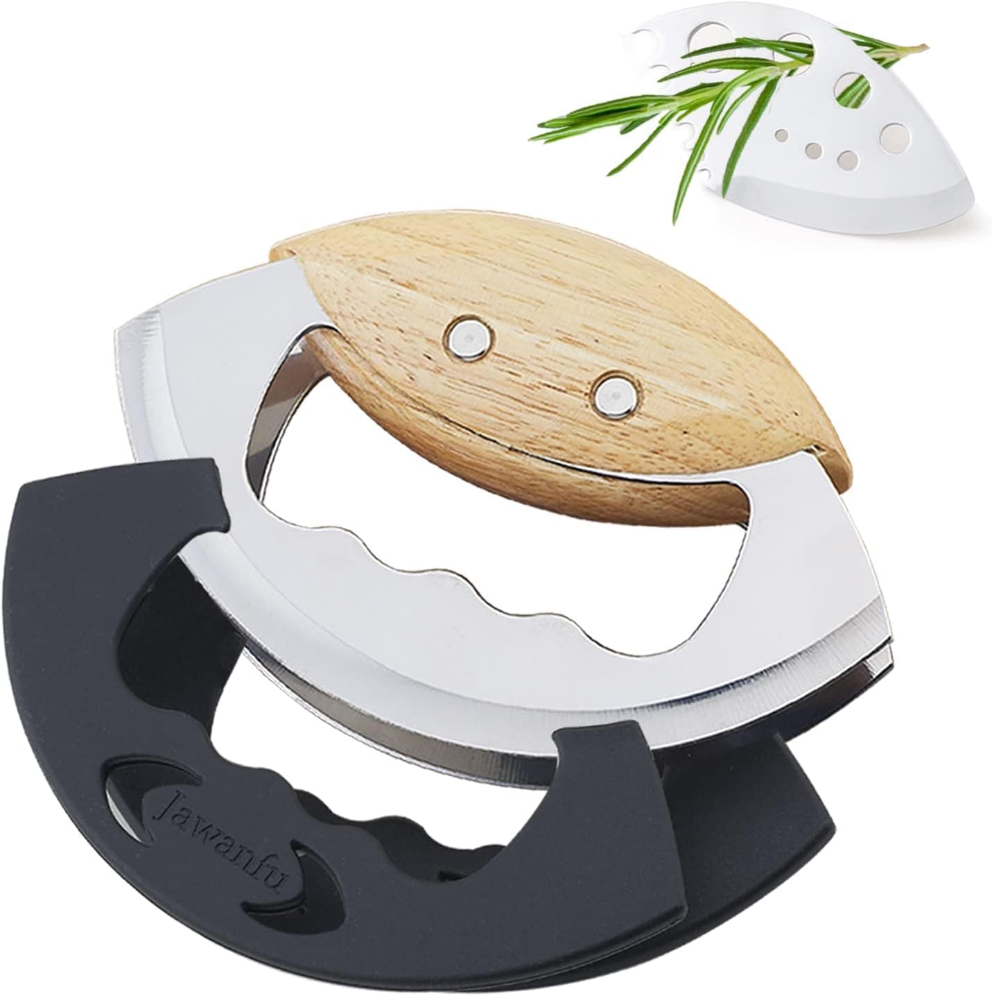 Jawanfu Salad Chopper, Long Lasting Sharp Mezzaluna Knife for Chopped Salad, Wooden Handle Salad Cutter for Salad Bowl, Salad Chopper Tool with Protective Covers
