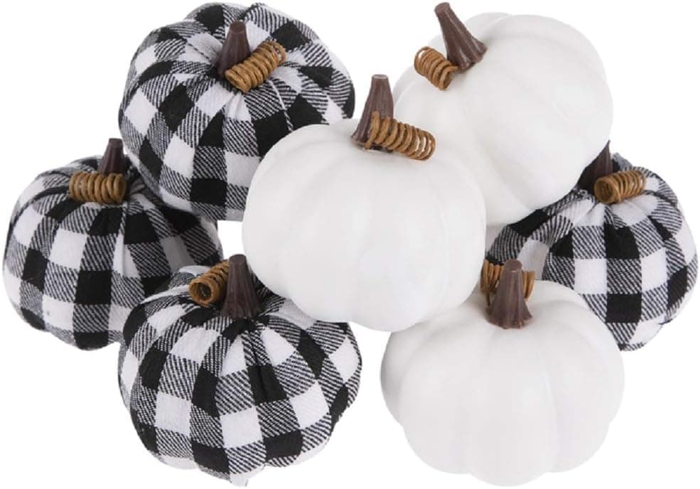 Stag Lane Primitives New Set of 8 Fall Gingham Buffalo Check Black/White Pumpkins Bowl Fillers Scatters