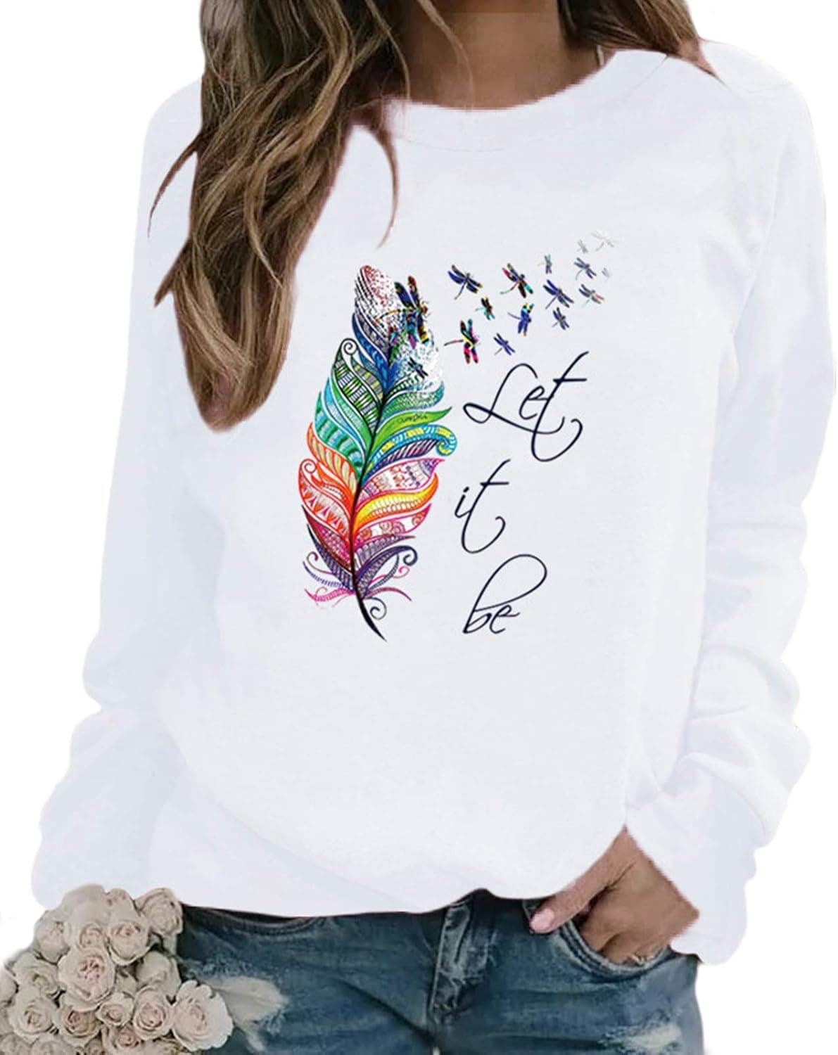 zeyubird Lightweight Womens Tops Graphic Crewneck Sweatshirts Let It Be Print Long Sleeve Pullover Sweatshirts for Women
