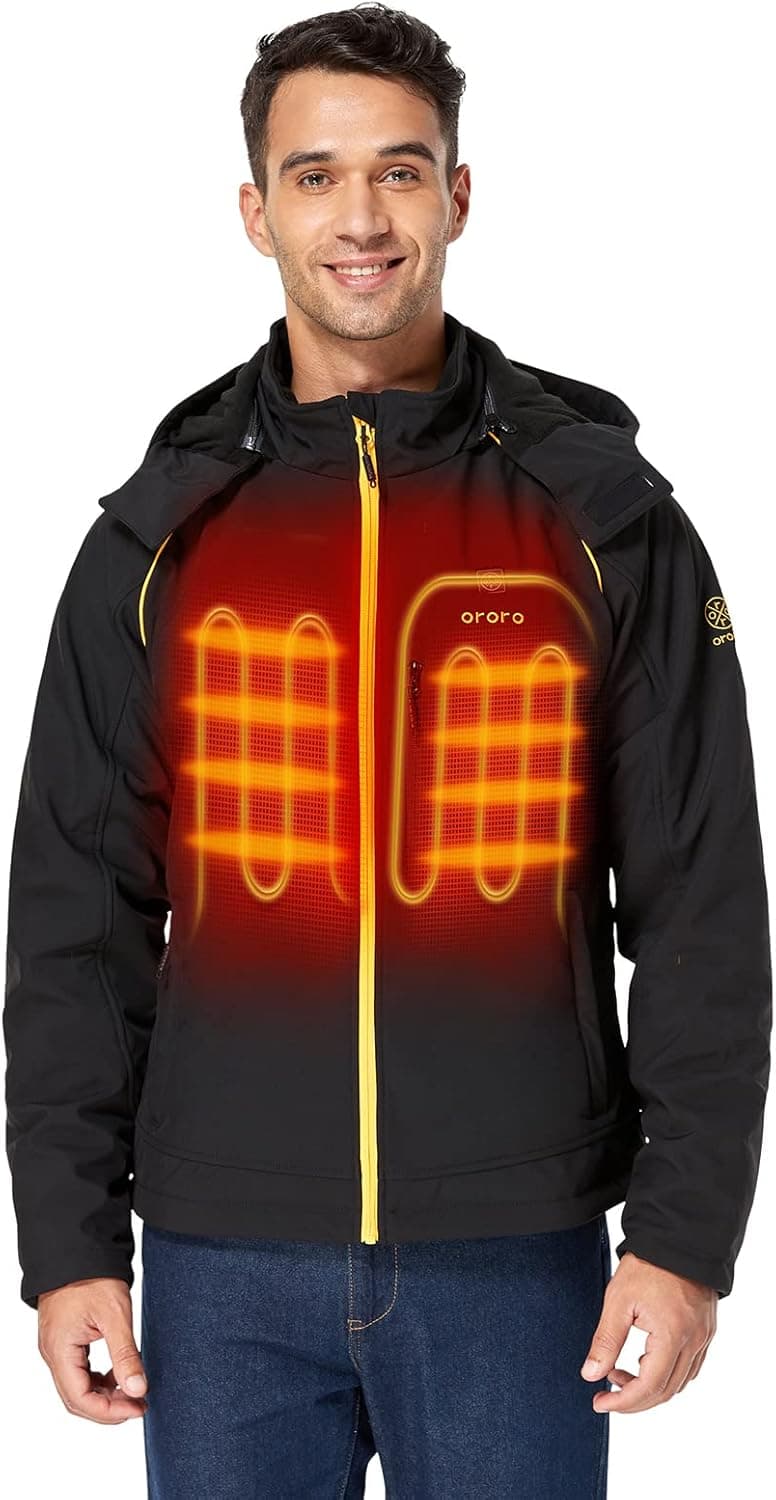 ORORO Men's Soft Shell Heated Jacket with Detachable Hood and Battery Pack