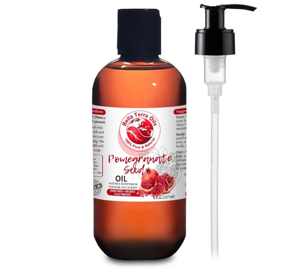 Pomegranate Seed Oil. 8oz. 100% Pure. Cold-pressed. Unrefined. Organic. Rich in Antioxidants and Essential Fatty Acids. Deeply Hydrating. Natural Moisturizer for Hair, Skin, Nails, Stretch Marks. Bella Terra Oils.