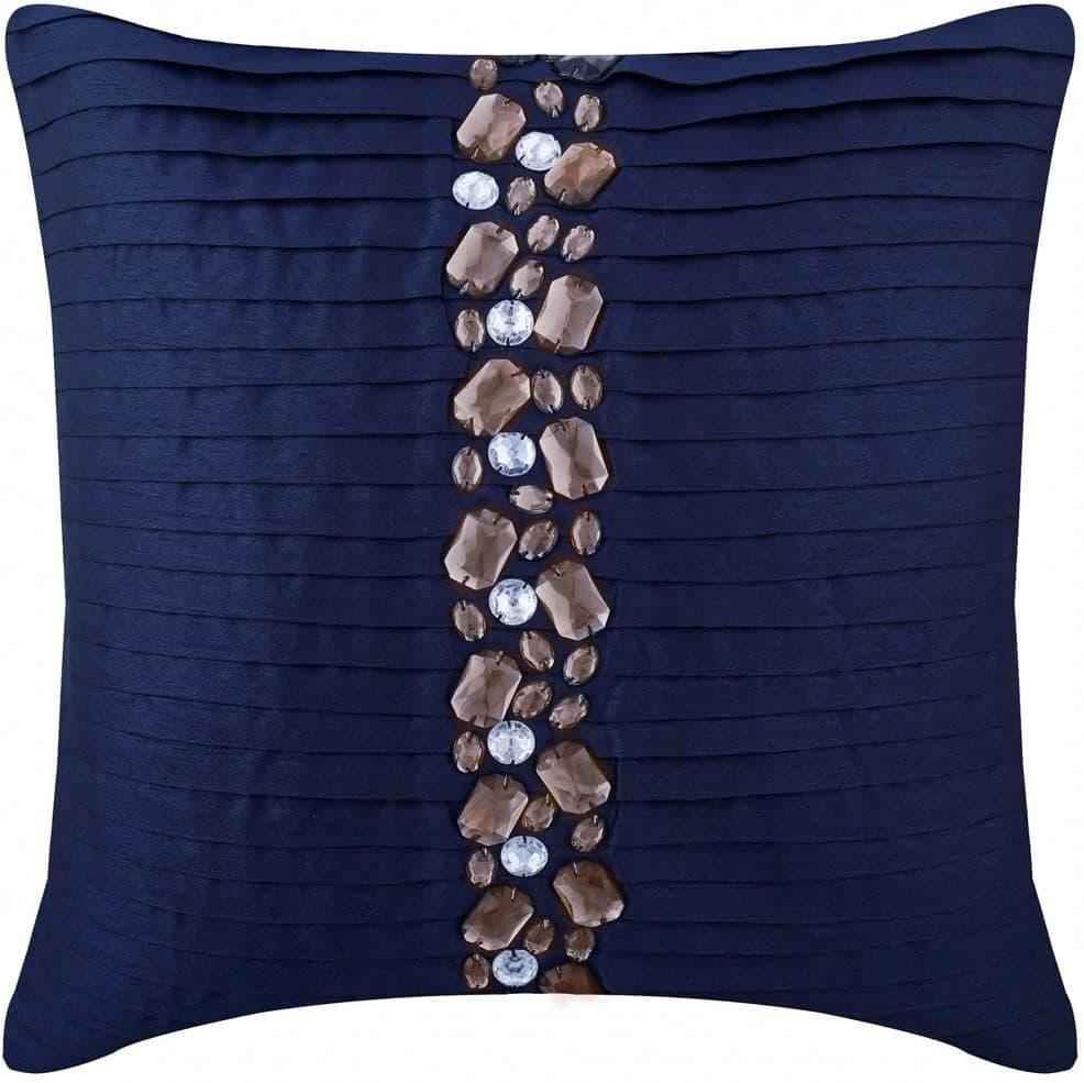 The HomeCentric Toss Pillow Cover, Navy Blue Decorative Throw Pillow Covers 16x16 inch (40x40 cm), Silk Throw Pillows Couch, Striped, Pintucks, Textured, Striped, Crystals - Navy Blue Crystals