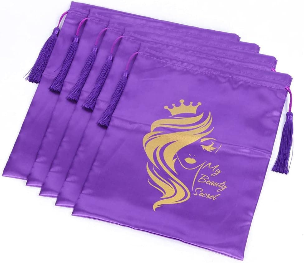 5Pcs Satin Bags for Packaging Hair Extensions, Bundles, Wigs Soft Silk Pouches with Drawstring for Hair Tools Storage Bags with Tassel Gift and Travel Bag Supernova Hair(5 Pieces, Purple)