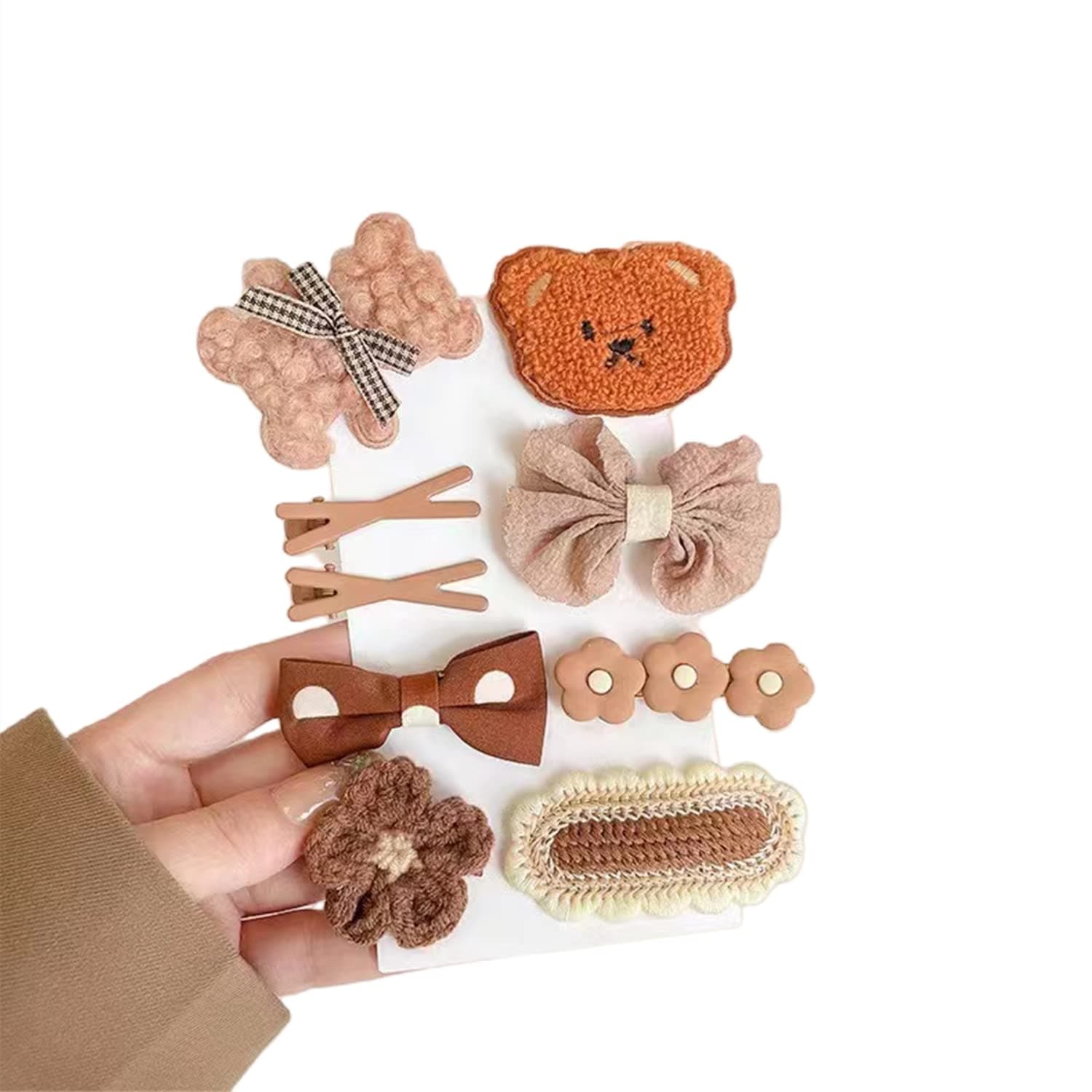 Rugelyss 9 Pcs Milk Coffee Color PlushBear and Bow Flowers Hairpin Simple Side Clip Bangs Clip, Handmade Hair Barrettes, Alligator bobby pins,Hair Accessories, Gifts for Women Girls