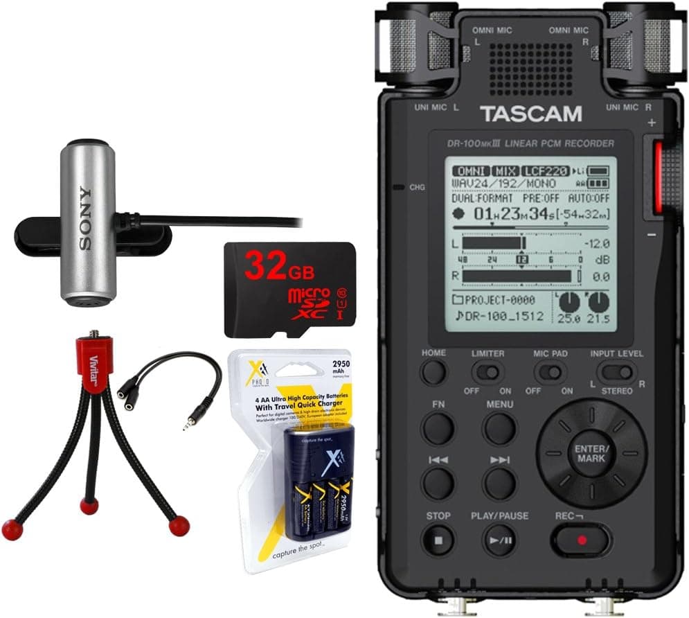 Tascam 192kHz/24bit-Compatible Studio-Quality Linear PCM Recorder (DR-100MKIII) w/Bundle + 32GB Micro SD Card + AA Charger w/4 2950mah AA Batteries + Flexible Mini Table-top Tripod AC Adapter