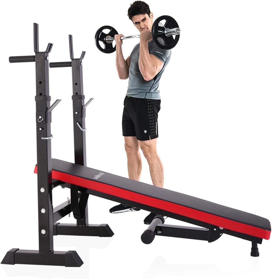 JAXPETY Multi-function Adjustable Folding Weight Lifting Flat Incline Bench for Home Gym, Fitness Workout Bench with Pull-Up Handle and Adjustable Barbell Rack for Full Body Exercise, Black and Red