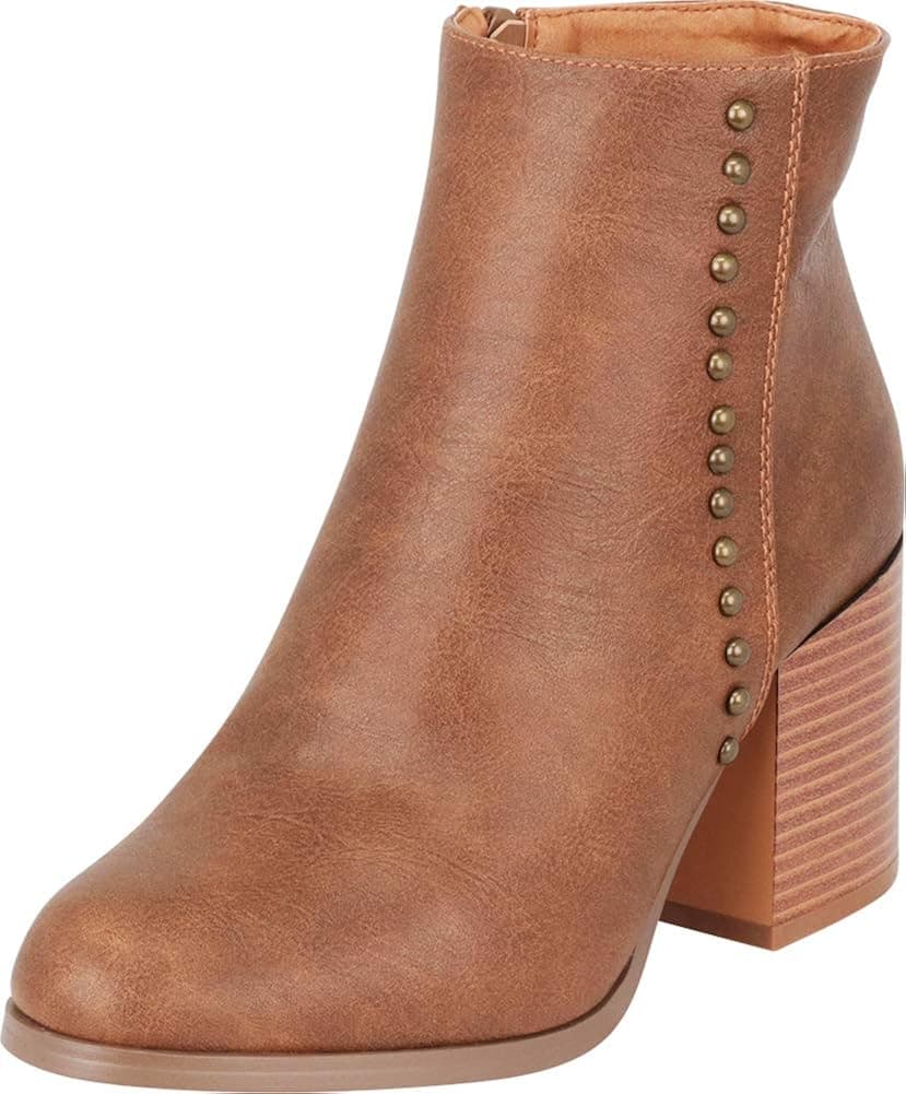 Cambridge Select Women's Western Distressed Dome Studded Chunky Heel Ankle Bootie,8.5 B(M) US,Camel PU