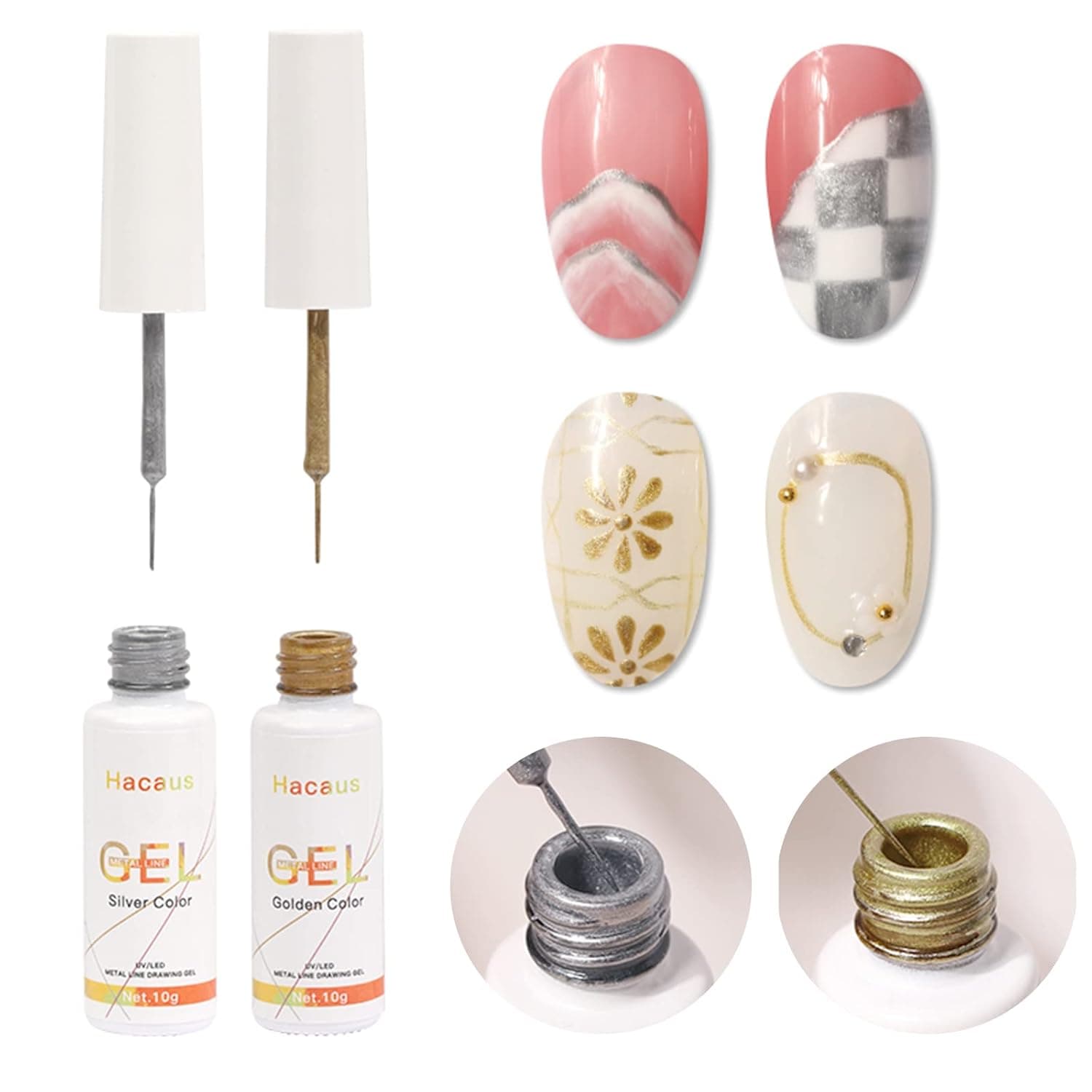 Hacaus 2PCS Metallic Pull Line Gel Nail Polish Drawing Painting Liner Nail Gel Polish DIY Metal Silver Golden Color Nail Art Set 10ML