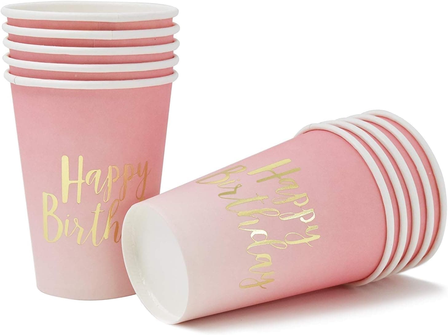 50 Count 9 oz Happy Birthday Cups Gold Foil on Pink Ombre for 1st Birthday Baby Shower Decorations Girls Women Unicorn Birthday Party Supplies