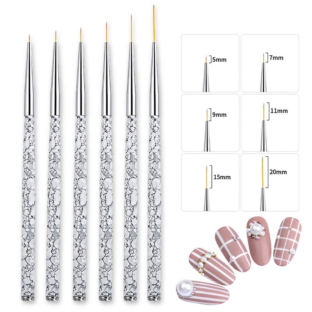 SILPECWEE 6Pcs Fine Nail Art Liner Brush Set Detailing Striping Blending Acrylic Nail Painting Flower Pen Manicure Accessories (5/7/9/11/15/20)