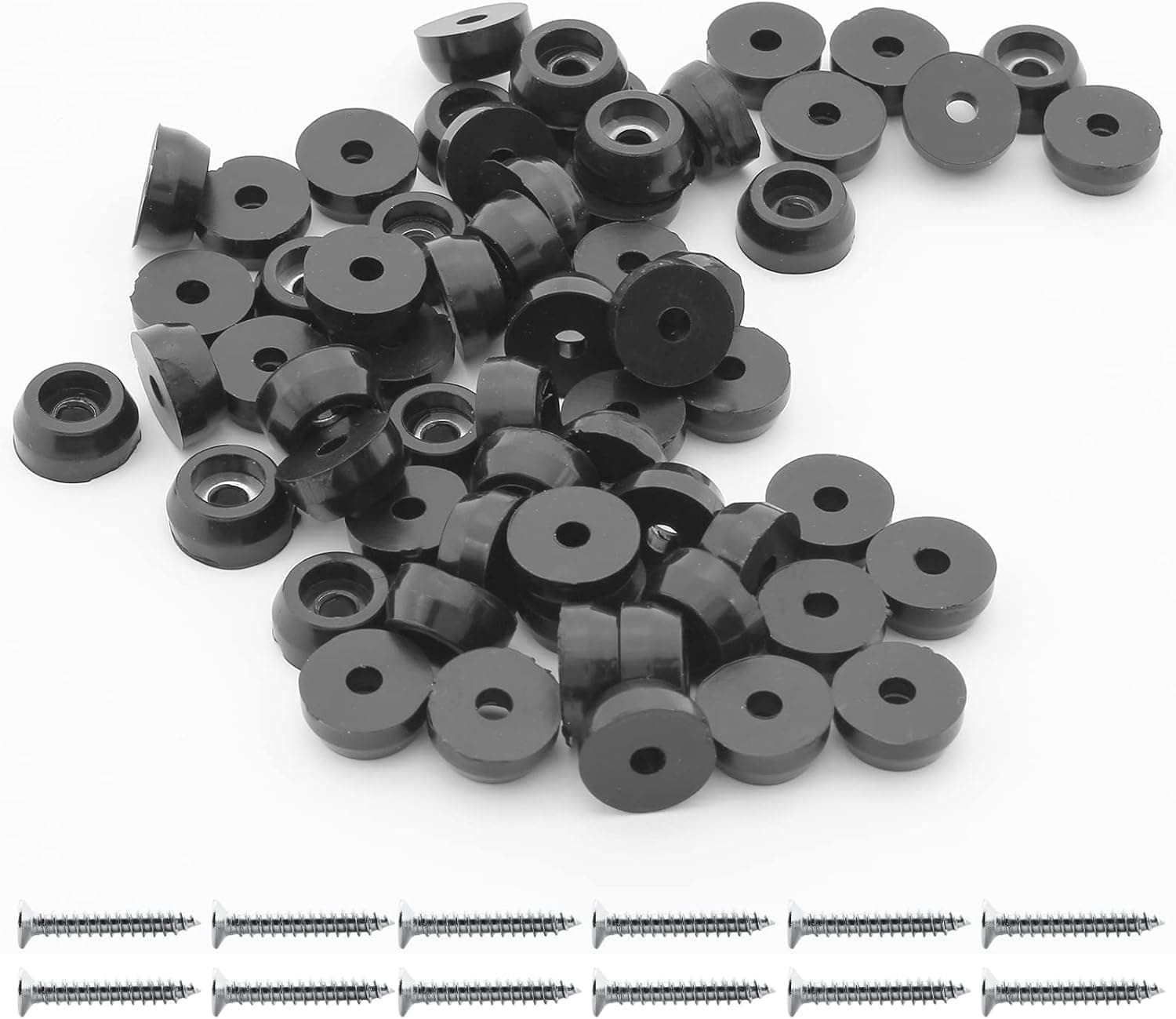 Suiwotin 60pcs Round Rubber Feet Bumpers, 7/16" (11mm) W x 1/4" (6mm) H, Non-Slip Cutting Board Feet with Screws, Soft Rubber Feet for Electronics, Furniture, Appliances (Black)