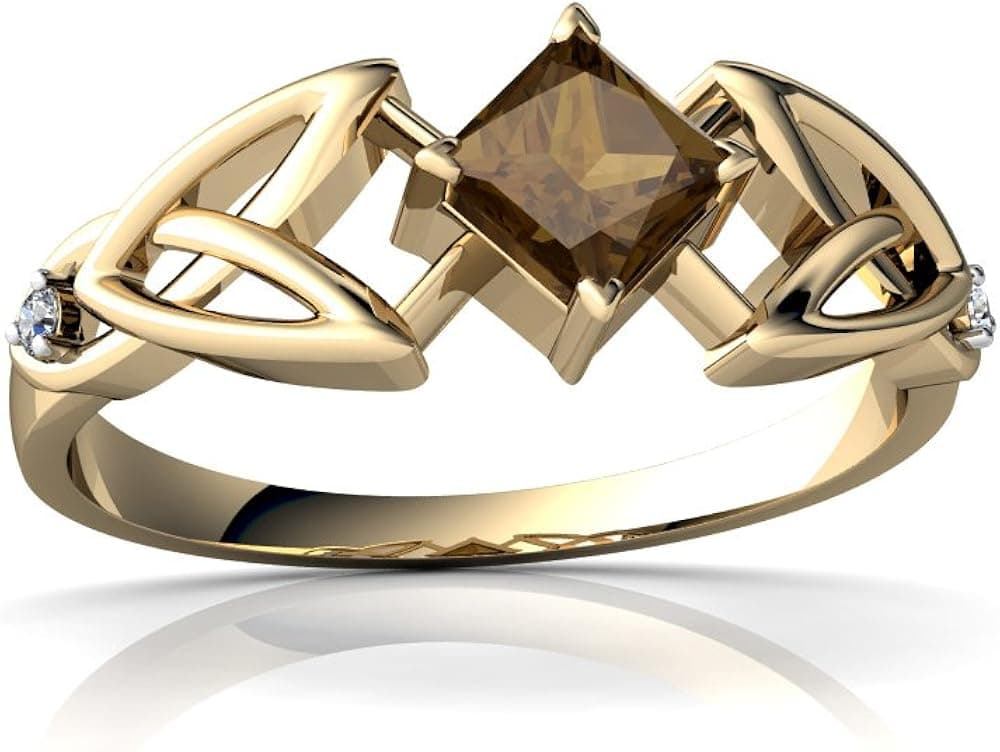 14kt Yellow Gold Smoky Quartz and Diamond 4mm Square Celtic Trinity Knot Ring - Size 5.5