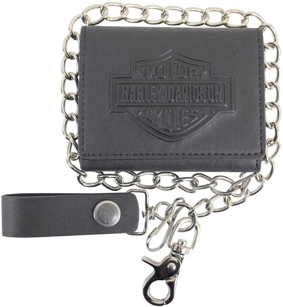 Harley-Davidson Men's B&S Biker Chain Tri-Fold Short Leather Wallet - Black