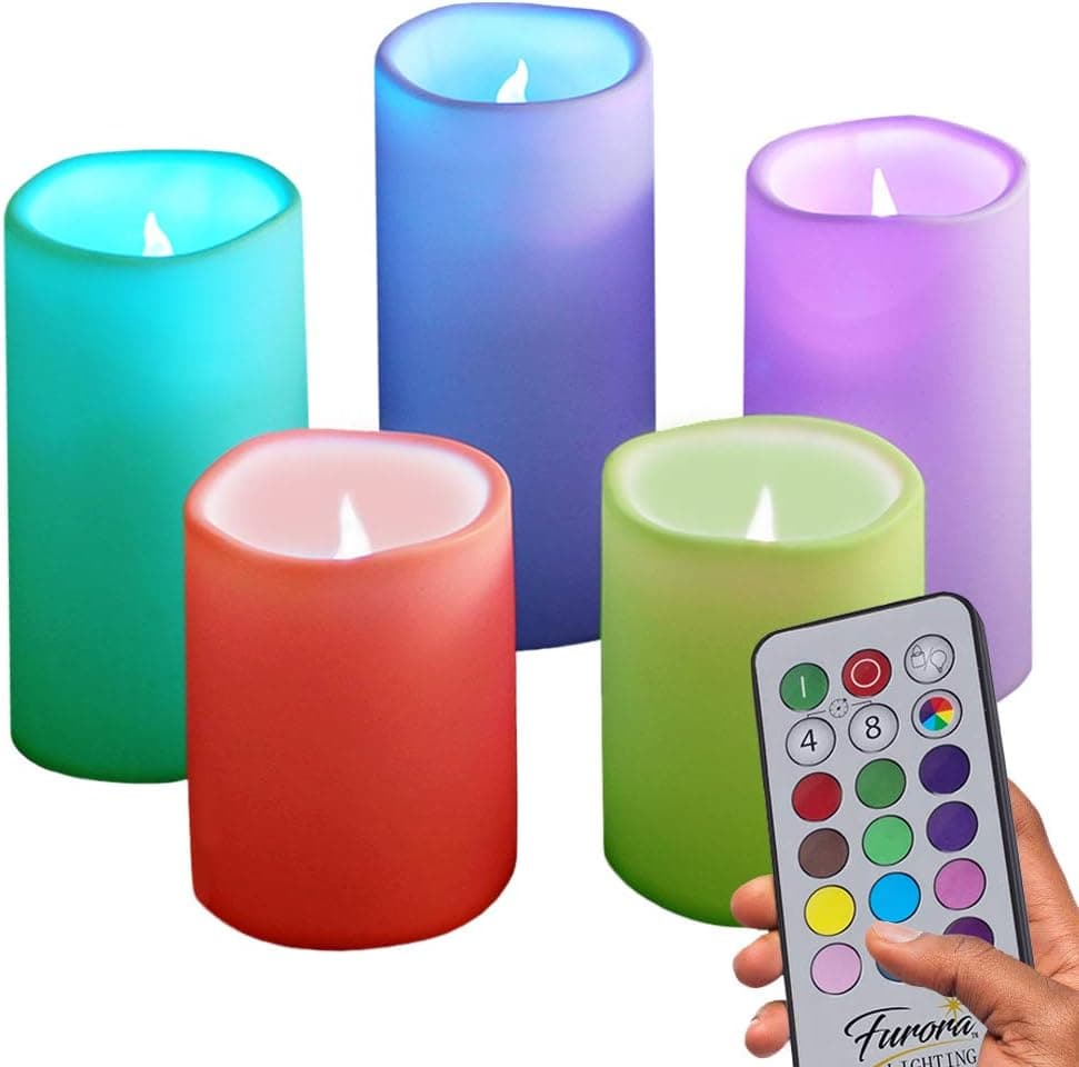 FURORA LIGHTING Color Changing Flameless Candles with Remote Control Set of 5, Battery Operated Multicolor Lights Pillar Candles for Patio Decor, Room Decor, Mood Lighting (Batteries Included)
