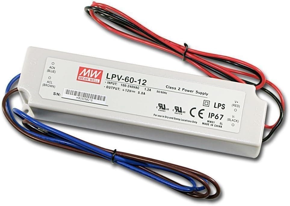 MEAN WELL LPV-60-12 Sealed Panel Mount LPV Series AC-DC 12-volt 5-Amp Power Supply with LED Driver, White