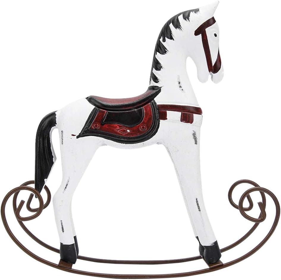Wooden Rocking Horse Decor, 9.3x2 x9.3in Rocking Horse Figurine Retro Wood Horse Crafts Art Figurines for Desktop, Bookshelf(White)