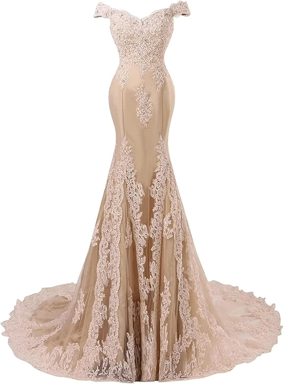Himoda Women's V Neckline Beaded Evening Gowns Mermaid Lace Prom Dresses Long H074 8 Champagne