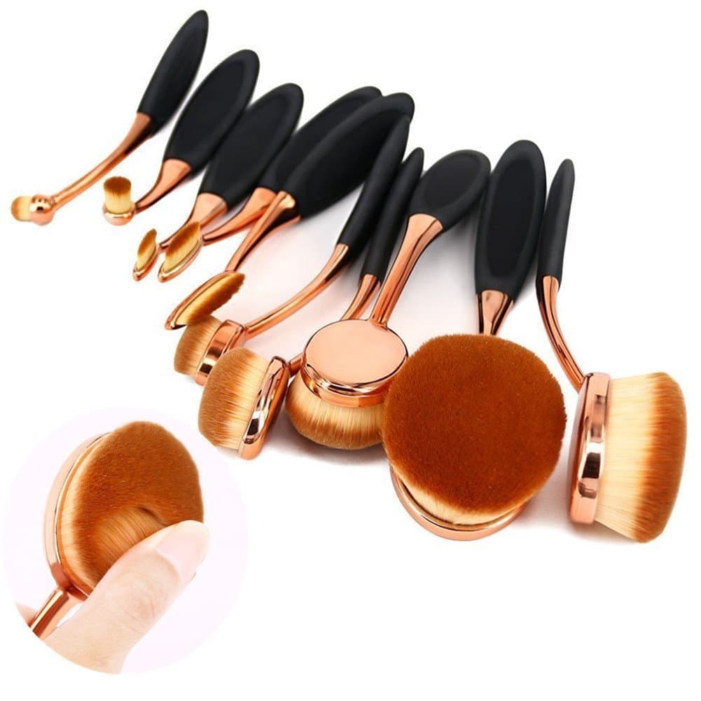 BeautyCoco Oval Makeup Brush Set Professional Foundation Contour Concealer Blending Cosmetic Brushe (10 Piece Rose Gold)