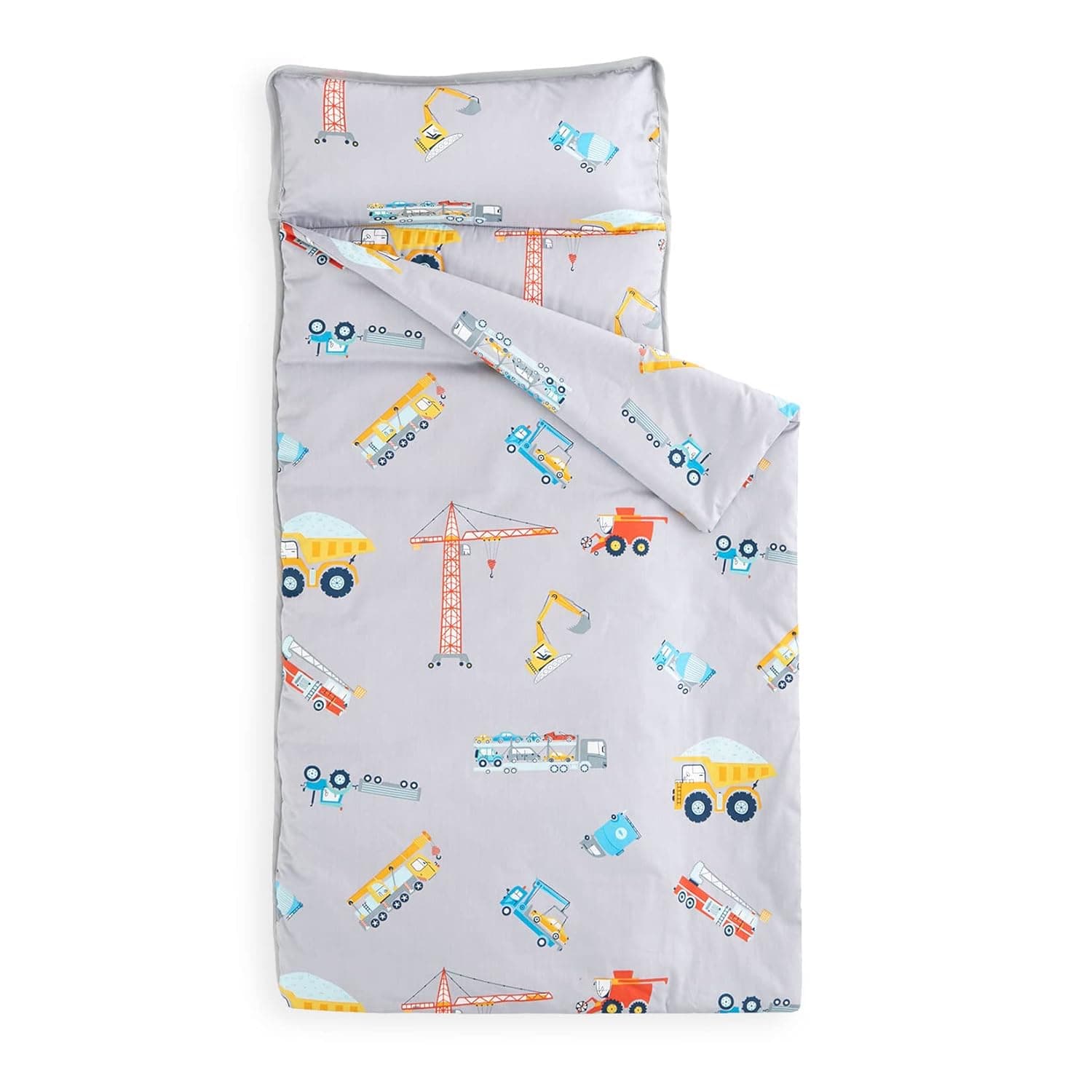 Wake In Cloud - Nap Mat with Removable Pillow for Kids Toddler Boys Girls Daycare Preschool Kindergarten Sleeping Bag, Cars Cranes Excavators Trucks Printed on Gray, 100% Cotton with Microfiber Fill