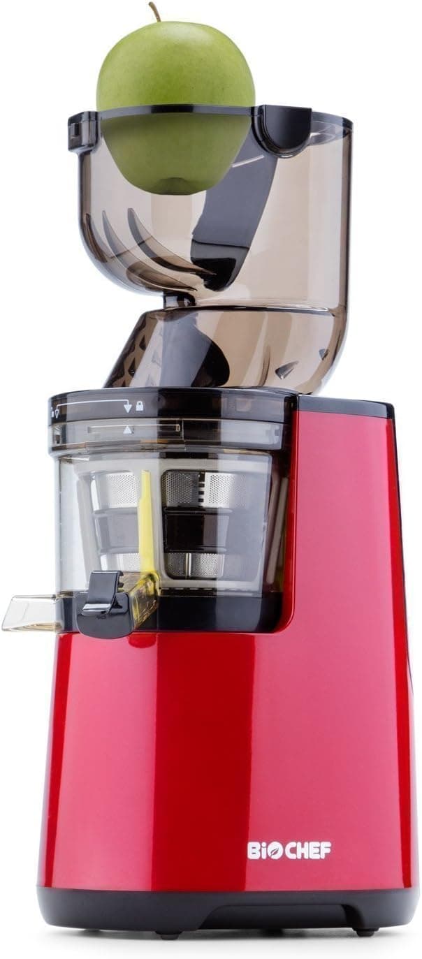BioChef Atlas Whole Slow Juicer (200W / 40 RPM / LIFETIME Warranty) Wide Chute Juicer, Masticating Juicer, 'Big Mouth' Cold Press Juicer, Whole Fruit & Vegetable Juicer - Retains Nutrients (Red)