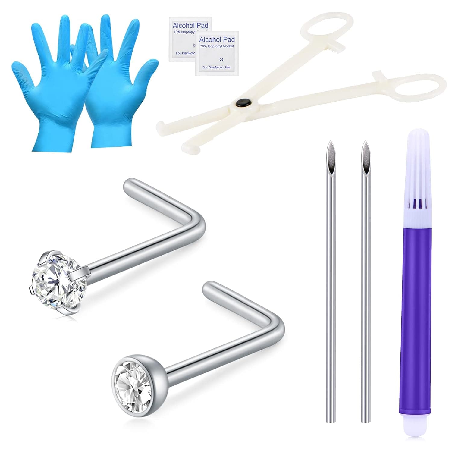 JIESIBAO Nose Piercing Kit,18G Nose Rings Studs L Shape Nose Screw with 16G Piercing Kit Surgical Stainless Steel Nose Rings Nostril Nose Piercing Jewelry Kit for Women Men